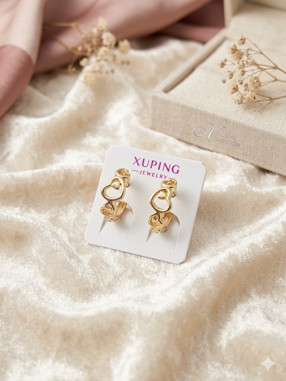 Xuping Gold Heart Drop Earrings - Elegant Double Heart Design
